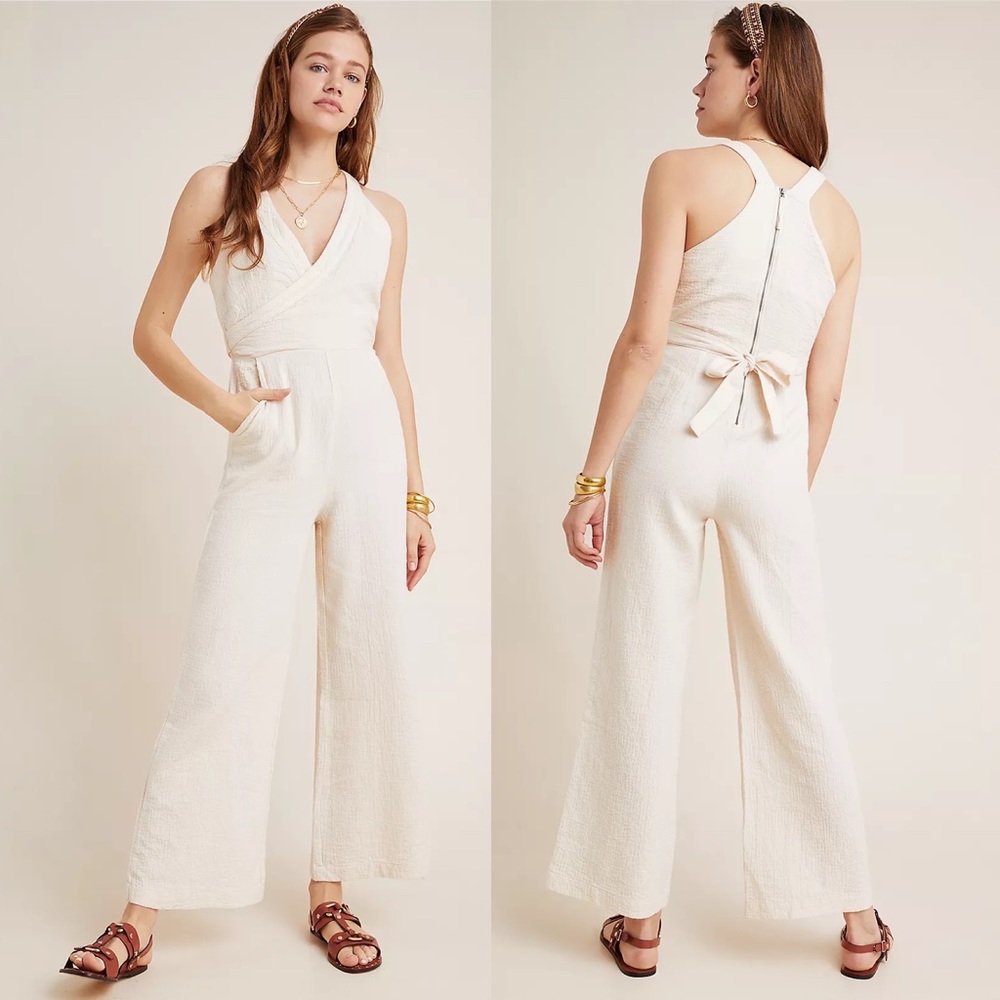 Anthropologie Maeve Sleeveless Ivory Demi Textured Wide Leg Jumpsuit Size 2